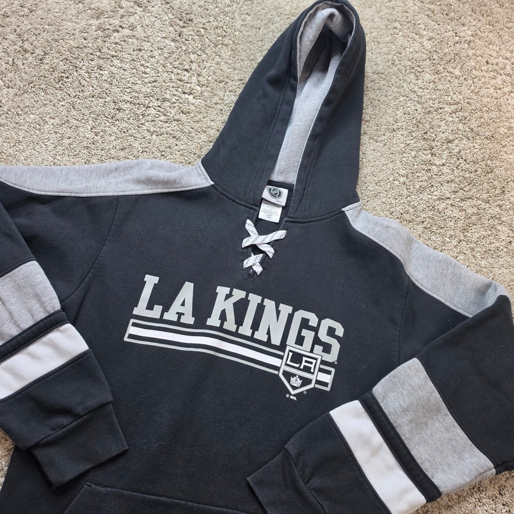 NHL LA Kings Hoodie Mens Small Black Gray Cotton Blend Lace Up Hockey Sporty